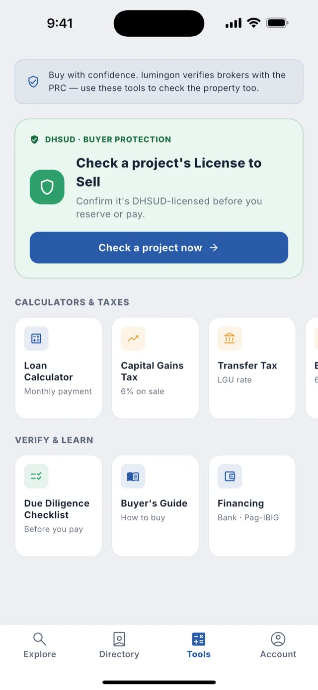 The Tools tab: check a License to Sell, tax calculators and the due-diligence checklist